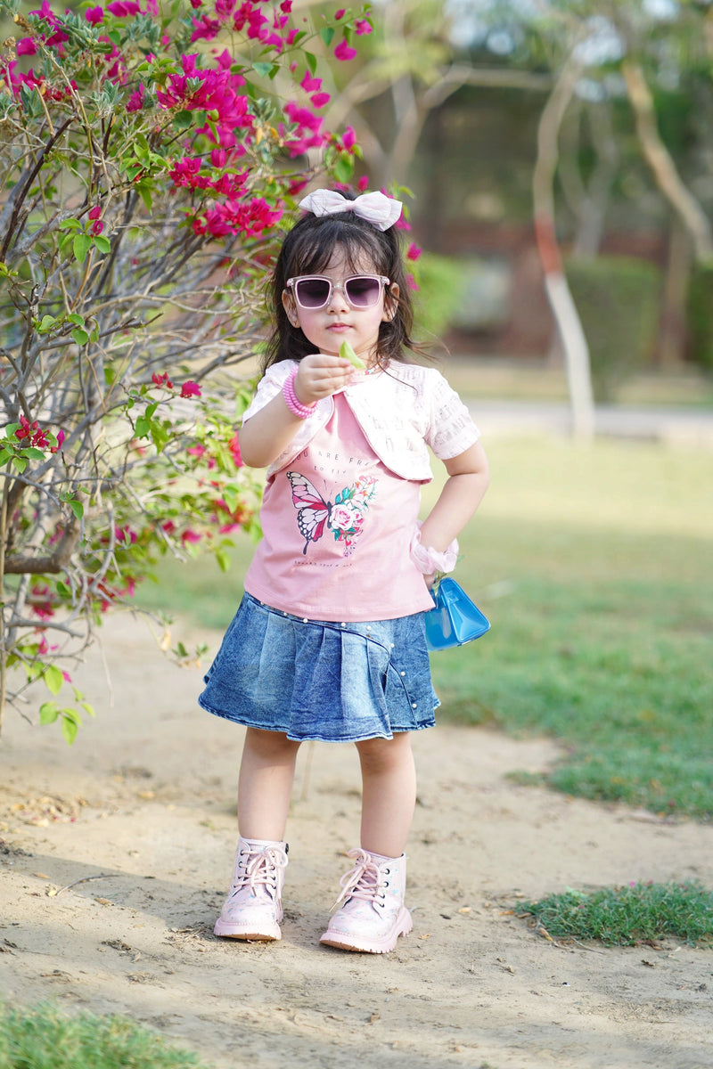 Koti Style Butterfly T-Shirt Plaid & Denim Skirt Suit