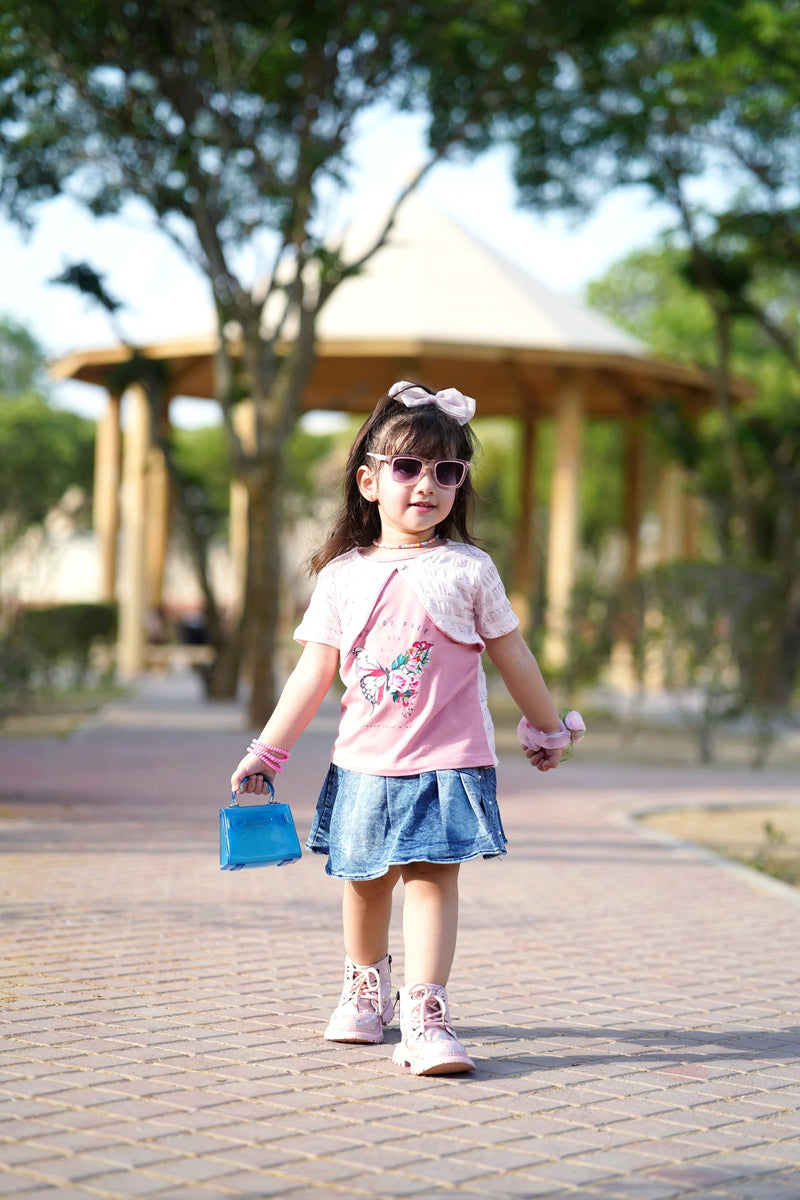 Koti Style Butterfly T-Shirt Plaid & Denim Skirt Suit