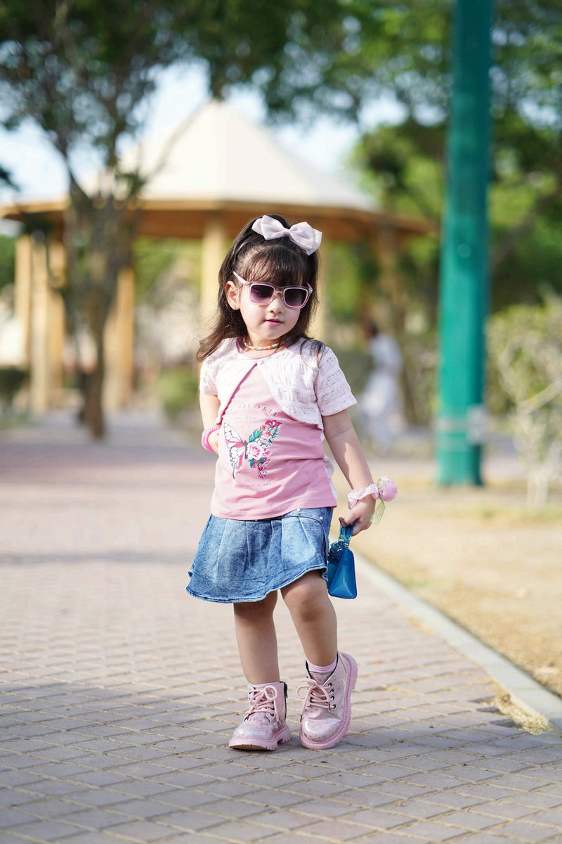 Koti Style Butterfly T-Shirt Plaid & Denim Skirt Suit
