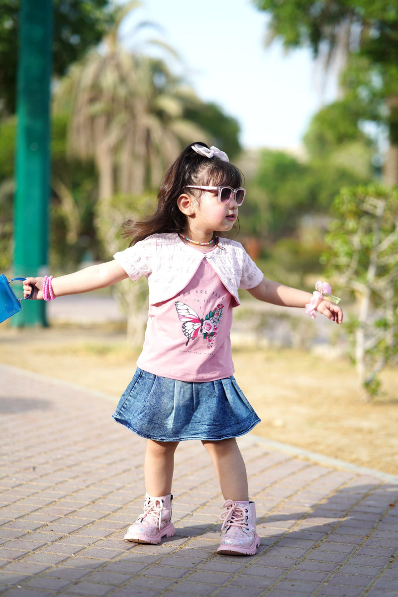 Koti Style Butterfly T-Shirt Plaid & Denim Skirt Suit